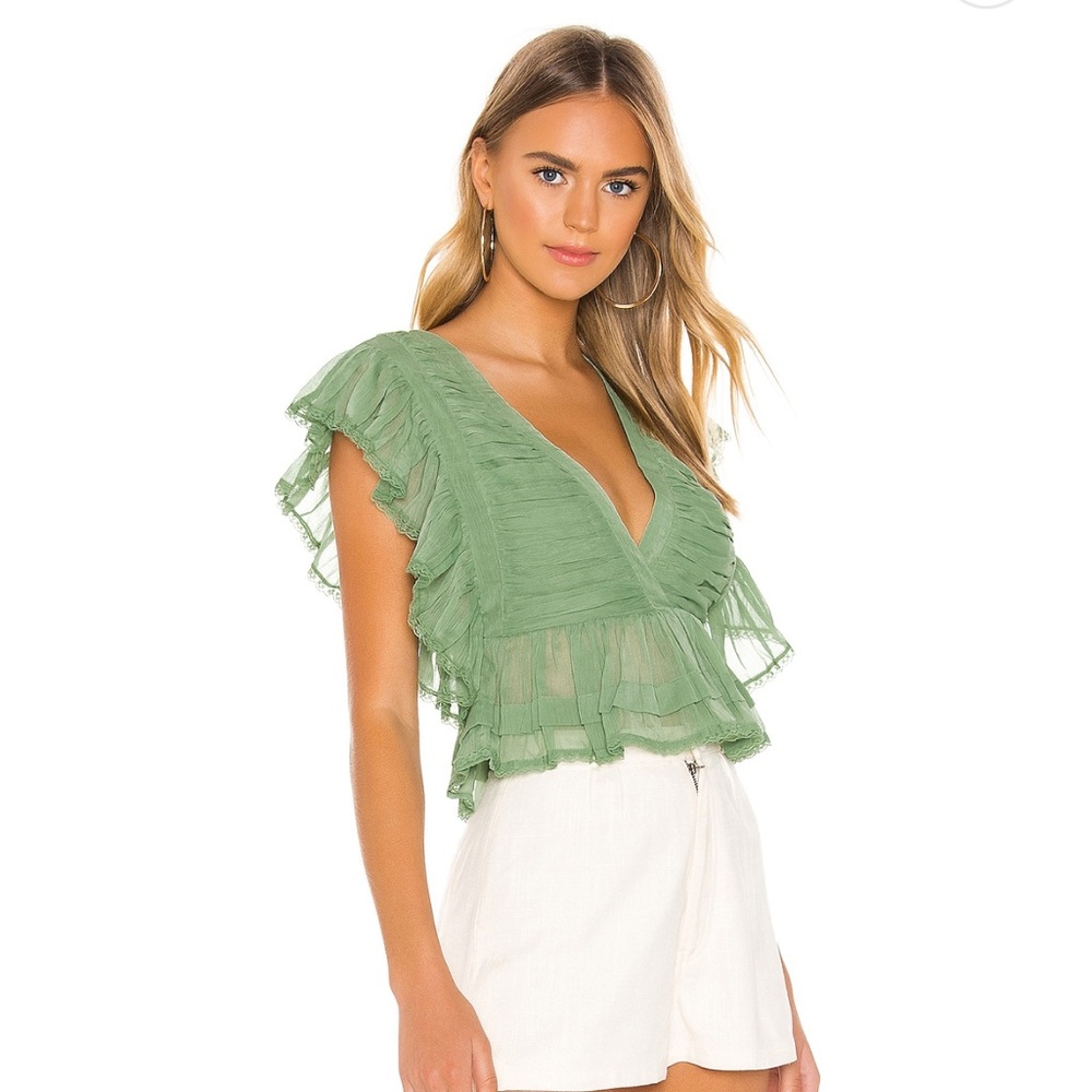 Tularosa Sage Green Ruffled V-Neck Peplum Blouse